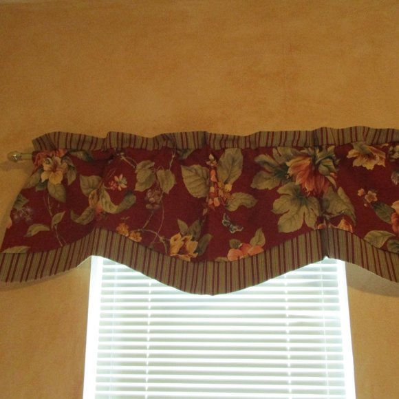 Window Valances - Burgundy Red Botanical Floral Dragonfly Gold Stripe Upholstery - Picture 2 of 5